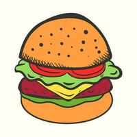 hand getekend hamburger illustratie met tomaat kaas vlees en salade in tekening stijl vector