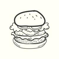 een groot hand getekend hamburger illustratie met vlees, salade en kaas vector