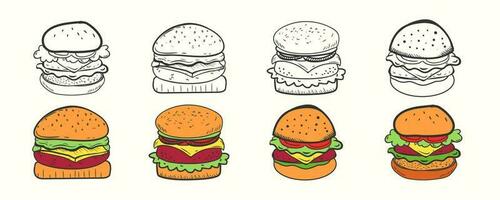 hand- getrokken tekenfilm gestileerd hamburgers vector illustratie reeks