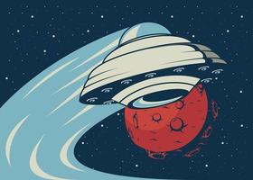 ufo met mars planeet in vintage posterstijl vector