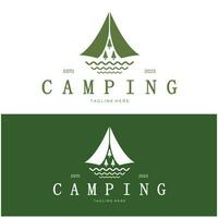 wijnoogst en retro tent logo, camping. met tent, boom en vreugdevuur teken. avonturiers, verkenners, klimmers, camping uitrusting centrum vector