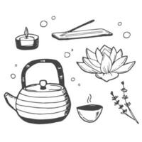 icoon reeks welzijn, spa, meditatie, met lotus bloem, kaarsen, handdoeken, Boeddha, bad zout, doorbladert en bloemen. hand- getrokken tekening vector illustratie.