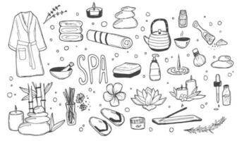 spa tekening set. hand- getrokken aromatherapie, lichaam zorg, schoonheid salon en Thais massage accessoires. vector tekeningen geïsoleerd Aan wit achtergrond.