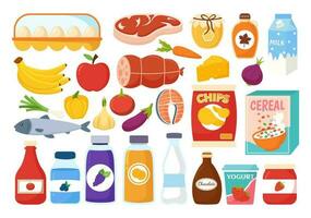 voedsel kruidenier op te slaan boodschappen doen vector illustratie met voedingsmiddelen items en producten Assortiment Aan de supermarkt in vlak tekenfilm hand- getrokken Sjablonen