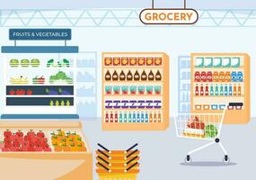 voedsel kruidenier op te slaan boodschappen doen vector illustratie met voedingsmiddelen items en producten Assortiment Aan de supermarkt in vlak tekenfilm hand- getrokken Sjablonen