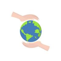 handen Holding planeet aarde icoon in vlak stijl Aan een wit achtergrond. ontwerp voor aarde dag en milieu campagne vector