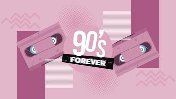 90s voor altijd belettering met cassettes op roze achtergrond vector