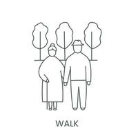 een ouderen Mens en vrouw wandelen in de park, vector lijn icoon.