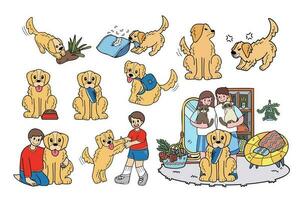 hand- getrokken gouden retriever hond en familie verzameling in vlak stijl illustratie voor bedrijf ideeën vector