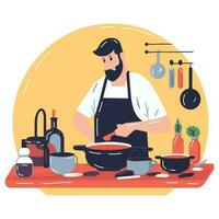 hand- getrokken chef Koken in de keuken vlak stijl illustratie voor bedrijf ideeën vector