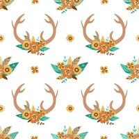 hert hoorns naadloos patroon. schattig bloemen gewei in de Boheems stijl. hand- getrokken hert hoorns versierd met bloemen, bladeren en kruiden. boho chique ontwerp elementen. vector illustratie.