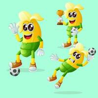 schattig banaan tekens spelen voetbal vector