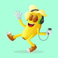 schattig banaan karakter luisteren naar muziek- vector