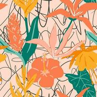naadloos patroon met gestileerde tropisch bloemen en bladeren. abstract helder zomer ontwerp vector