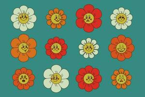 retro groovy tekenfilm bloemen reeks Aan groen achtergrond. grappig emoticon in vlak tekenfilm stijl. bloesem met gezichten en gevoel. perfect voor decoratie, groet kaarten, ansichtkaarten, stickers vector