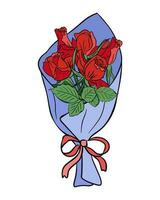 rood rozen bundel in omhulsel papier met lintje. schets vlak vector illustratie. geïsoleerd bloemen boeket Aan wit achtergrond voor groet kaart, uitnodiging, achtergrond of spandoek.