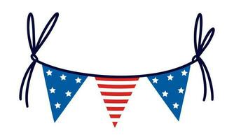 slinger voor juli 4e onafhankelijkheid dag van Amerika. Verenigde Staten van Amerika driehoekig vlag met sterren, strepen. vakantie decoratie hangende Aan een touw. patriottisch teken geïsoleerd Aan wit. tekenfilm clip art voor afdrukken, partij, web vector