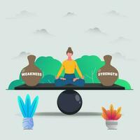 vrouw meditatie naar balans tussen zwakheid en sterkte ontwerp vector illustratie