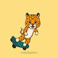 vector schattig baby Jachtluipaard tekenfilm spelen skateboard icoon vlak illustratie.