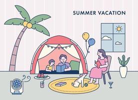 het gezin zet een tent op in het huis en geniet van hun vakantie. platte ontwerpstijl minimale vectorillustratie. vector