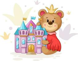 beer prinses. magie en vreugde in een vector illustratie van een beer met een kroon, jurk, en kleurrijk prinses kasteel