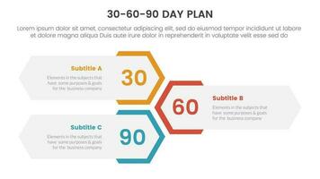 30-60-90 dag plan beheer infographic 3 punt stadium sjabloon met verticaal honingraat vorm lay-out concept voor glijbaan presentatie vector