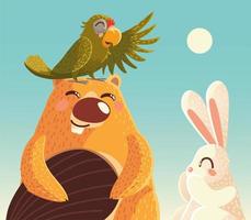 schattige bever met papegaai en konijn zonnige dag tekenfilm dieren vector