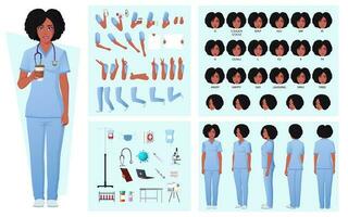 verpleegster, dokter karakter bouwer met Afrikaanse Amerikaans vrouw, gezicht uitdrukkingen, emoties, hand- gebaren, poses en medisch uitrusting vector