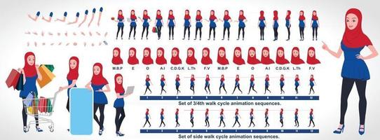 islamitisch meisje karakterontwerp modelblad met loopcyclus animatie meisjeskarakterontwerp voorzijde achteraanzicht en uitleganimatie poses tekenset met verschillende weergaven en lipsynchronisatie vector