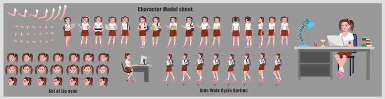 meisjeskarakterontwerp modelblad meisjeskarakterontwerp voorzijde achteraanzicht en uitleganimatie poses tekenset met lipsynchronisatie-animatiereeks van alle voor-, achter- en zijloopcyclusanimatiesequenties vector