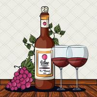 wijnbekers en fles met druivenfruit vector