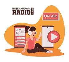 internationale radiodag-poster met vrouwelijke omroeper vector