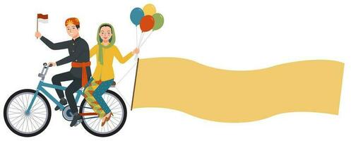 een paar- van abang geen van dki Jakarta rijden fiets en Holding ballonnen, Indonesisch vlag en leeg papier vector