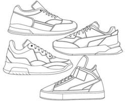 reeks van schoenen sneaker schets tekening vector, sportschoenen getrokken in een schetsen stijl, bundelen sportschoenen trainers sjabloon schets, vector illustratie.