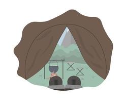 uitzicht vanuit de toeristische camping tent in het bos en de bergen met laarzen lokale vakantie concept vectorillustratie vector