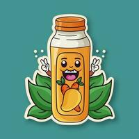 sticker stijl wortel en mango ingrediënt Product fles tekenfilm mascotte Aan turkoois achtergrond. vector