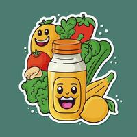 sticker stijl tekenfilm groente met fruit en Product fles Aan groen achtergrond voor gezond voedsel.sticker stijl tekenfilm groente met fruit en Product fles Aan groen achtergrond voor gezond voedsel. vector