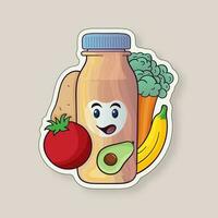 sticker stijl tekenfilm groente met fruit ingrediënten Product fles Aan beige achtergrond. vector