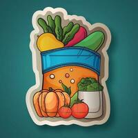sticker stijl vers fruit en groente boodschappen doen zak Aan taling achtergrond. vector