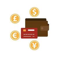 Internationale valuta's en portemonnee met credit kaart, valuta uitwisseling en betalingen concept vector