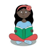 portret van een zwart tekenfilm meisje met een bloem in haar haar, wie zit met een boek in haar handen, isoleren Aan wit vector