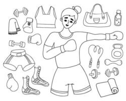 schets doodles vrouw sport. gelukkig vrouw bokser, sport- uitrusting en Kettlebell, laarzen, sportkleding, springen touw en halters, mat en boksen handschoenen. geïsoleerd lineair vector tekeningen voor ontwerp.