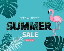 abstracte tropische zomer verkoop achtergrond met flamingo en bladeren vector