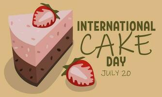 Internationale taart dag, roze natuurlijk stuk van taart met aardbeien Aan licht. de vrolijk vakantie is gevierd Aan juli 20. vector sjabloon voor typografisch poster, banier, flyers, stickers, t-shirts