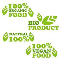 biologisch natuurlijk bio etiketten icoon set, gezond voedsel pictogrammen, 100 biologisch voedsel, vers biologisch vegetarisch voedsel. vector illustratie. het drukken Aan verpakking voor goederen in winkels. een teken van natuurlijkheid. vertrekken