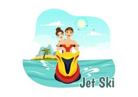 mensen rijden Jet ski vector illustratie zomer vakantie recreatie, extreem water sport- en toevlucht strand werkzaamheid in hand- getrokken vlak tekenfilm sjabloon