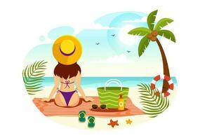 zonnen vector illustratie van mensen aan het liegen Aan sjees lounge en ontspannende Aan strand zomer vakantie in vlak tekenfilm hand- getrokken Sjablonen