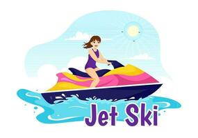 mensen rijden Jet ski vector illustratie zomer vakantie recreatie, extreem water sport- en toevlucht strand werkzaamheid in hand- getrokken vlak tekenfilm sjabloon