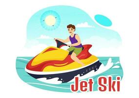 mensen rijden Jet ski vector illustratie zomer vakantie recreatie, extreem water sport- en toevlucht strand werkzaamheid in hand- getrokken vlak tekenfilm sjabloon