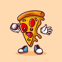 vector illustratie van kawaii pizza tekenfilm karakter met stok golf en bal. vector eps 10